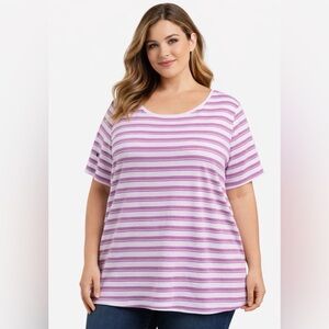 Croft‎ & Barrow Top Womens Plus 2X White Pink Striped Classic Tee 100% Cotton